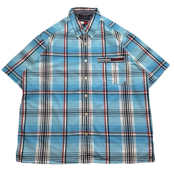 Vintage Y2K Tommy Jeans Hilfiger Button Shirt Plaid Blue Red Button Up XL - Picture 1 of 6